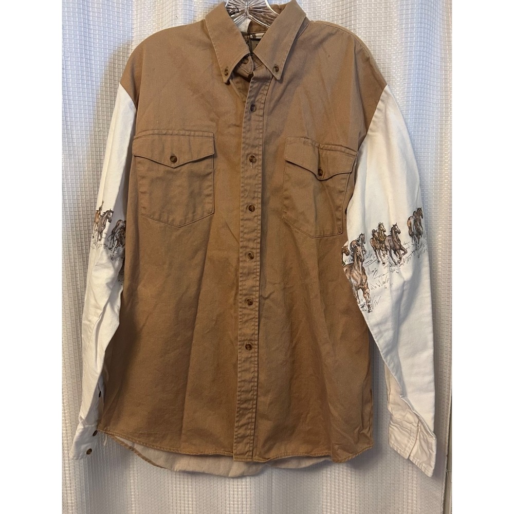 VTG Roper Mens Horses Print Tan & White Long Sleeve Western Shirt Size XL